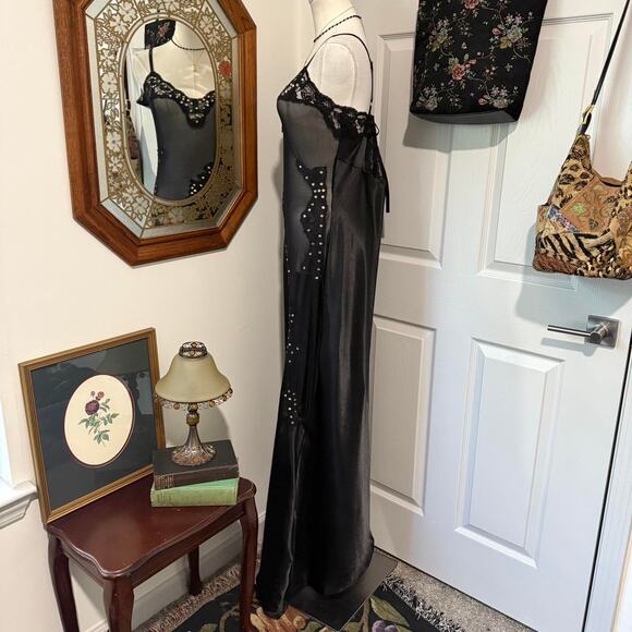 Ashro Black Satin & Sheer Mesh Gold Sequin Asymmetrical Maxi Lingerie Slip Dress - Picture 3 of 7